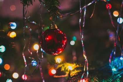 Close-up of a festive Christmas tree ornament with colorful lights, creating a warm holiday atmosphere.