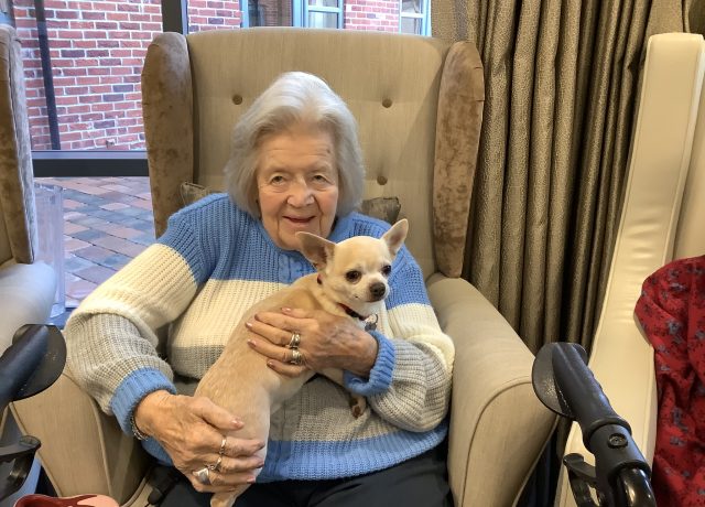 Meadows Park care home resident holding a puppy