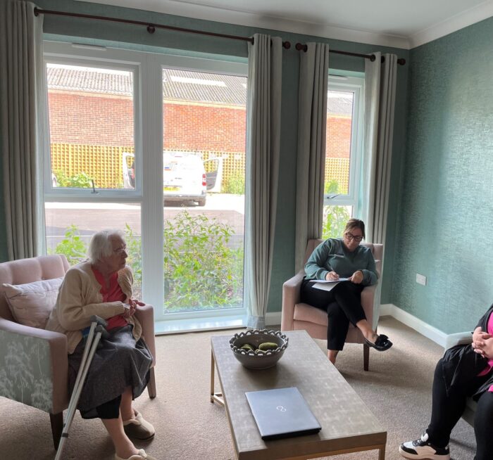 Beeston Rise resident taking part in an interview with care team candidates as part of the home's resident-led recruitment process.