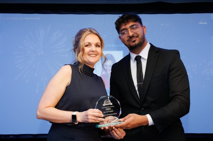 Hayley Jackson, Lifestyle Lead at Cloverleaf Care Home, receiving a Highly Commended award in the Activity Organiser category at the 2025 Lincolnshire Care Awards.