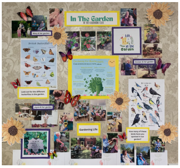 Gardening-themed display board at Abbey Wood Lodge featuring residents' photos, gardening memories, butterfly and bird identification charts, and information about the wellbeing benefits of gardening.